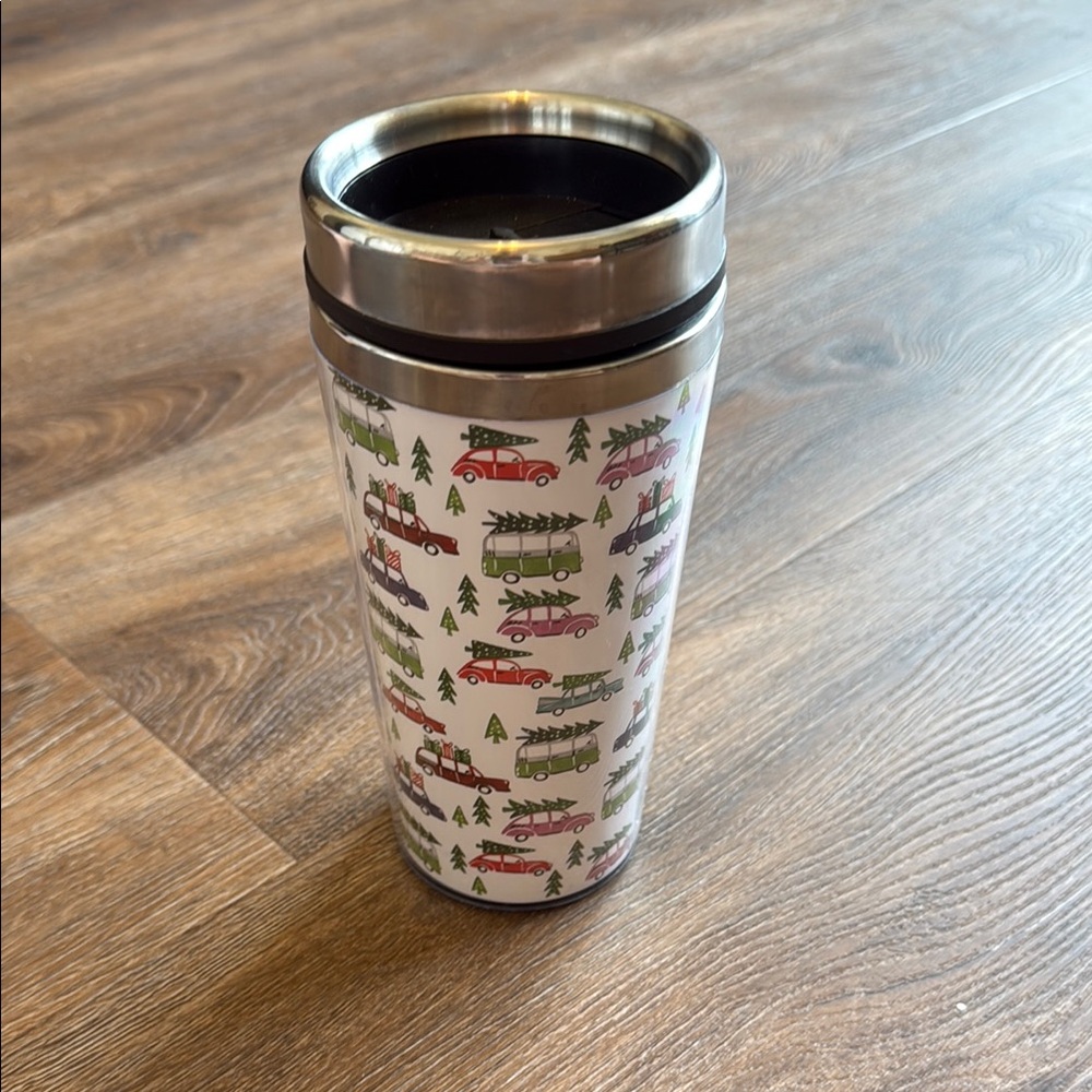 Holiday Travel Mug with Red Truck and Tree Design